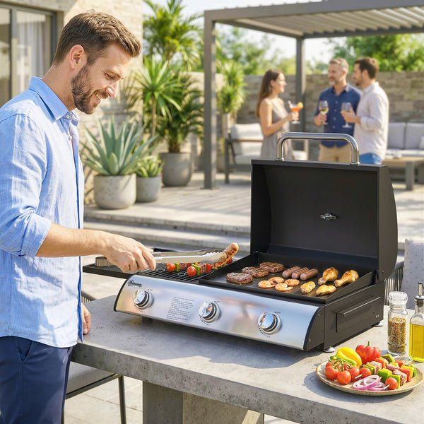 3 Burner Portable Gas Plancha BBQ Grill, 8.1 kW Outdoor Tabletop Gas Barbecue Grill with Griddle, Convertible Side Shelf, Built-in Thermometer, Lid, Adjustable Foot Pads for Camping, Black