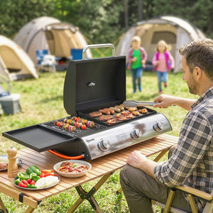 3 Burner Portable Gas Plancha BBQ Grill, 8.1 kW Outdoor Tabletop Gas Barbecue Grill with Griddle, Convertible Side Shelf, Built-in Thermometer, Lid, Adjustable Foot Pads for Camping, Black
