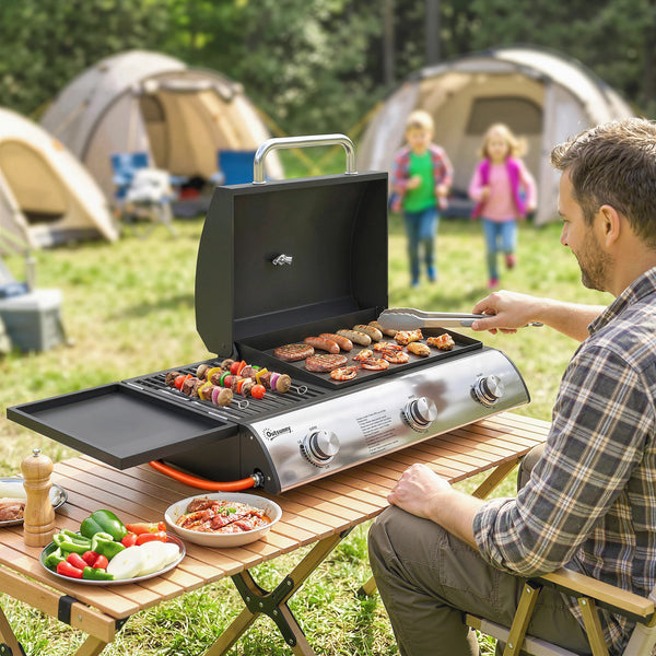 3 Burner Portable Gas Plancha BBQ Grill, 8.1 kW Outdoor Tabletop Gas Barbecue Grill with Griddle, Convertible Side Shelf, Built-in Thermometer, Lid, Adjustable Foot Pads for Camping, Black