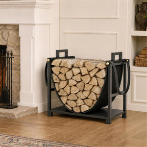 19 Inch Firewood Rack with Canvas Carrier, 110 lb Capacity Heavy Duty Steel Log Store Indoors, Fireplace Log Storage Holder, Black
