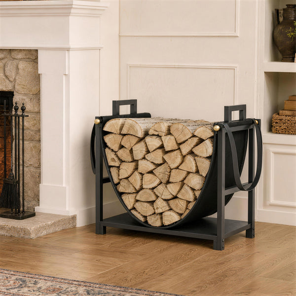 19 Inch Firewood Rack with Canvas Carrier, 110 lb Capacity Heavy Duty Steel Log Store Indoors, Fireplace Log Storage Holder, Black