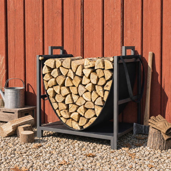 19 Inch Firewood Rack with Canvas Carrier, 110 lb Capacity Heavy Duty Steel Log Store Indoors, Fireplace Log Storage Holder, Black