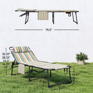 2 Piece Folding Chaise Lounge with 5-level Reclining Back, Tanning Chair with Face Hole, Outdoor Lounge Chair with Side Pocket & Headrest for Beach, Yard, Patio, Rainbow Striped