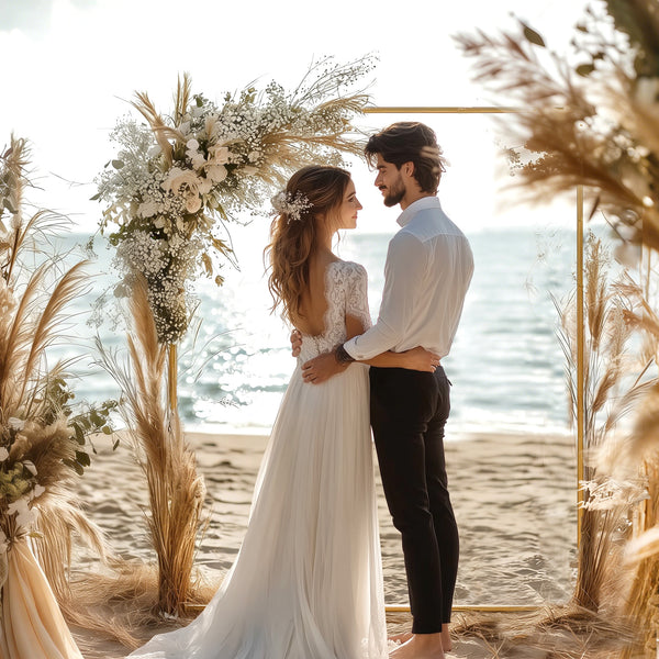 6.6 FT Wedding Arch Backdrop Stand, Square Wedding Arch with U-shaped Stakes, Gold Metal Backdrop Stand for Birthday Parties, Bridal Showers, Graduation, Ceremony