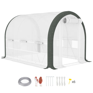 10'x6.6'x6.6' Walk-in Tunnel Greenhouse with Zipped Roll Up Mesh Door, 6 Mesh Windows, Plant Hot House Tent with PE Cover, 6 Plant Labels Gloves, White