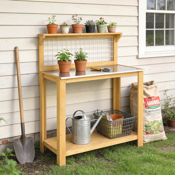 Wooden Potting Bench Table with Aluminium Worktop, Outdoor Garden Workbench with 2 Shelves and Grid Design for DIY, Planting Work Station for Patio, Yard, Balcony, 100 x 48 x 119 cm, Yellow