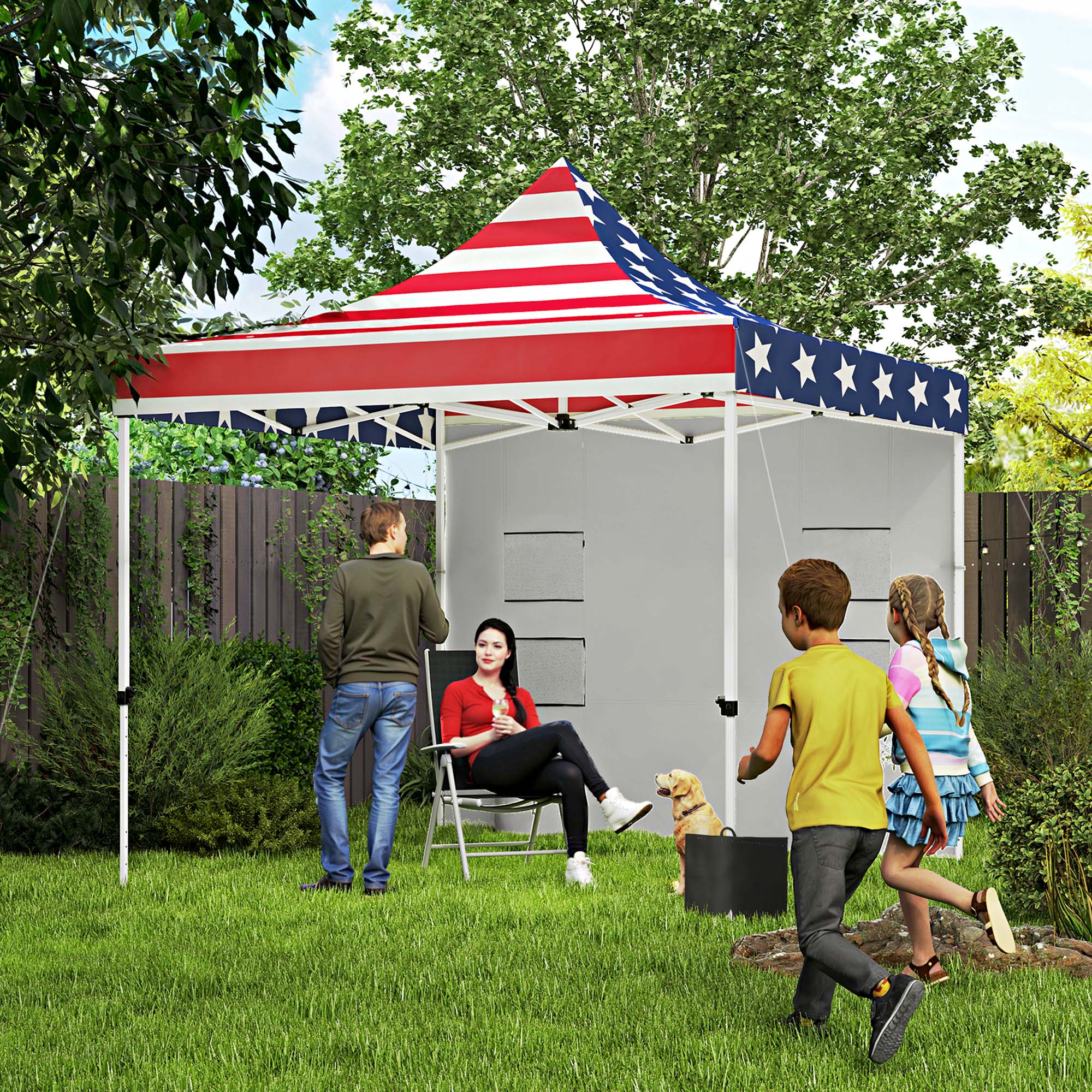 flag tent Outsunny 10' x 10' Heavy Duty Pop Up Canopy Tent with Sidewall, UPF50+ Instant Sun Shelter with Storage Pockets, American Flag