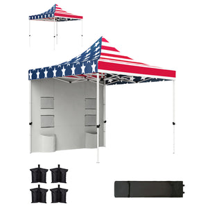 Outsunny 10' x 10' Heavy Duty Pop Up Canopy Tent with Sidewall, UPF50+ Instant Sun Shelter with Storage Pockets, Height Adjustable, with Wheeled Bag, Sand Bags for Outdoor, Patio, American Flag Print