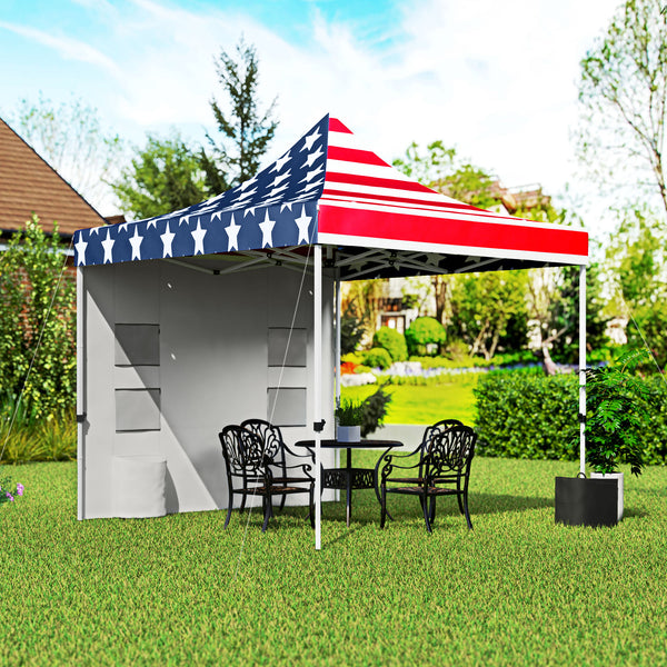 Outsunny 10' x 10' Heavy Duty Pop Up Canopy Tent with Sidewall, UPF50+ Instant Sun Shelter with Storage Pockets, Height Adjustable, with Wheeled Bag, Sand Bags for Outdoor, Patio, American Flag Print