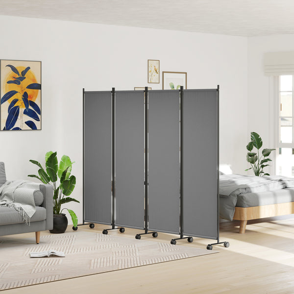 4 Panel Folding Room Divider with Lockable Wheels, 5.6ft Rolling Privacy Screen, Portable Freestanding Room Partition Separator for Home Office Bedroom, Dark Grey