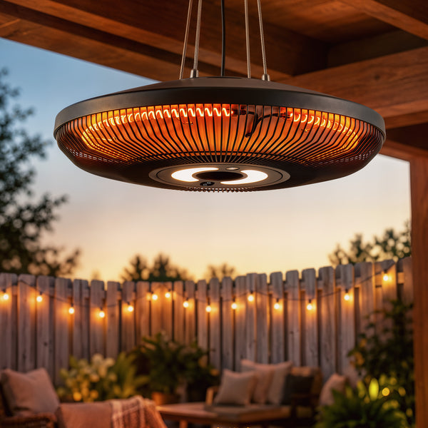 Electric Hanging Patio Heater with LED Light, 750/1500 W IP65 Waterproof Ceiling Mounted Infrared Outdoor Heater with Carbon Fiber Tubes, Touch/Remote Control, 24-Hour Timer for Gazebo, Black