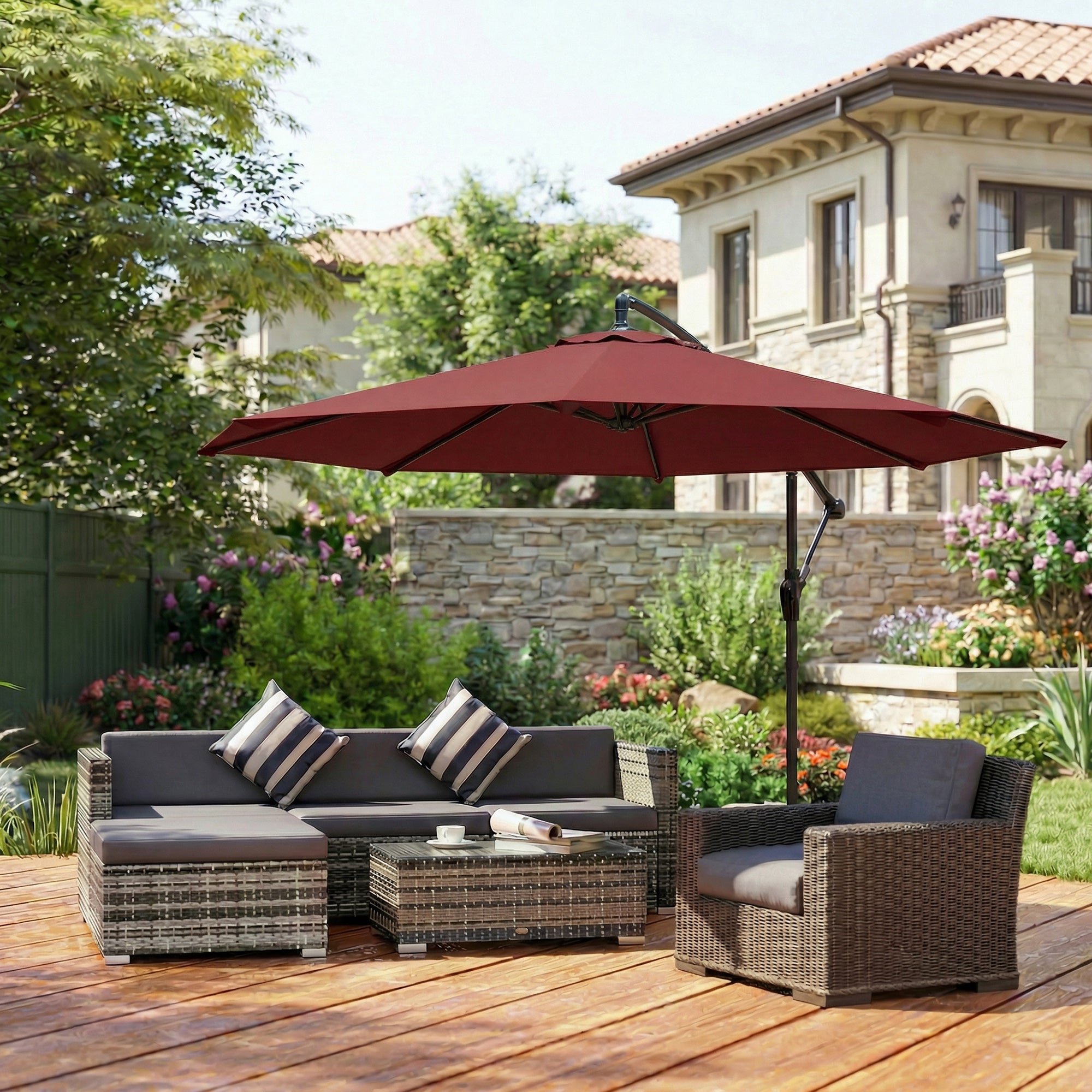 Outsunny 3 m Banana Parasol with Crank Handle, 8 Ribs & Cross Base, Wine Red