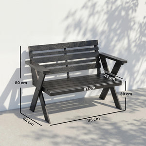 2 Seater Wooden Garden Bench, Slatted Patio Bench with Armrest and Backrest, Outdoor Furniture with X-Frame Legs for Park, Balcony, Terrace, Black