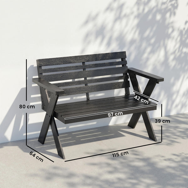 2 Seater Wooden Garden Bench, Slatted Patio Bench with Armrest and Backrest, Outdoor Furniture with X-Frame Legs for Park, Balcony, Terrace, Black
