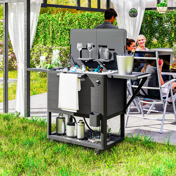 104 Quart Patio Cooler with Wheels, Holds up to 70 Bottles / 120 Cans, Rolling Ice Chest with Bottle Opener and Shelves, Outdoor Beverage Bar Cart with Handles, Black