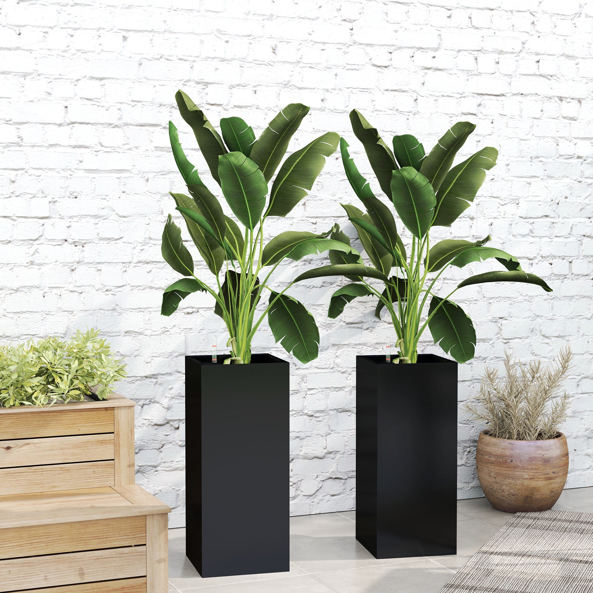 26 inch plant pot Outsunny 26" Plastic Planter Box 2-Pack with Water Level Indicator, Drainage Hole and Plug, Black