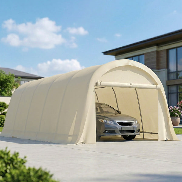 12' x 23.6' Heavy Duty Carport, Portable Garage Car Canopy Tent with UPF50+ Sun Protection, Galvanized Frame, Large Roll-Up Door for Cars, Trucks, Boats, Motorcycle, Bike, Beige