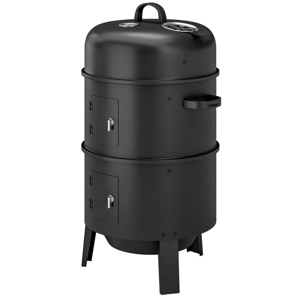 3-in-1 Vertical Barbecue Charcoal Smoker with 2 Grill Grates, Built-in Thermometer, Adjustable Vent, 2 Doors, Outdoor BBQ Smoker Grill for Camping, Parties, Picnic