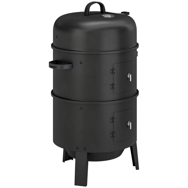 3-in-1 Vertical Barbecue Charcoal Smoker with 2 Grill Grates, Built-in Thermometer, Adjustable Vent, 2 Doors, Outdoor BBQ Smoker Grill for Camping, Parties, Picnic