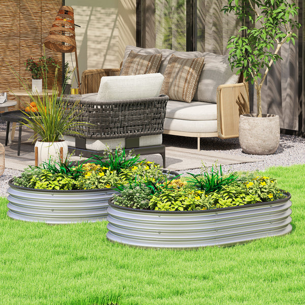 2Pcs Galvanized Raised Garden Bed, 4 x 3 x 1 ft Modular Metal Garden Beds with Rubber Strip Edging, Oval Outdoor Planter Box for Vegetables, Flowers, Herbs, Silver