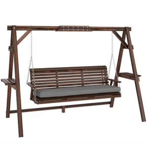 3 Seater Garden Swing Seat, Wooden Swing Chair Bench with Cushion, Side Trays and Metal Chains, for Outdoor Porch Patio, Carbonised Brown