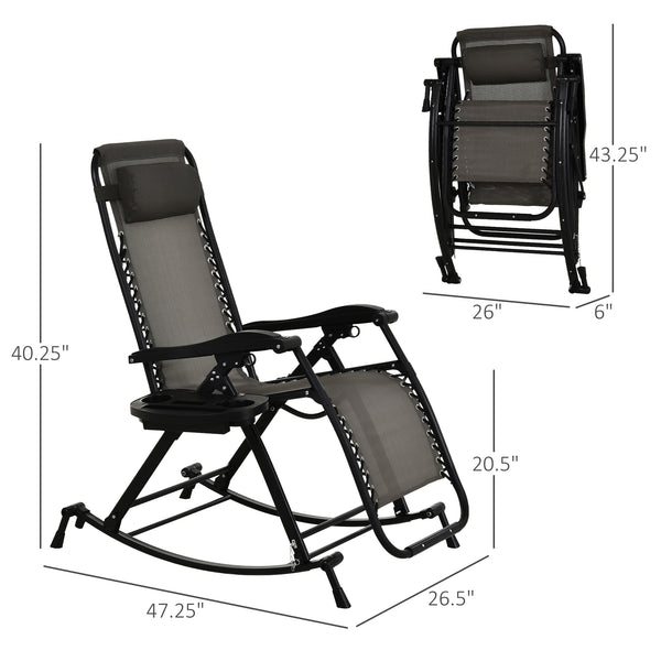 Outsunny Outdoor Rocking Chairs, Foldable Reclining Zero Gravity Lounge Rocker with Pillow, Cup & Phone Holder, Combo Design with Folding Legs, Gray