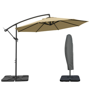 3(m) Garden Banana Parasol Cantilever Umbrella with Crank Handle, Cross Base, Weights and Cover for Outdoor, Hanging Sun Shade, Sand