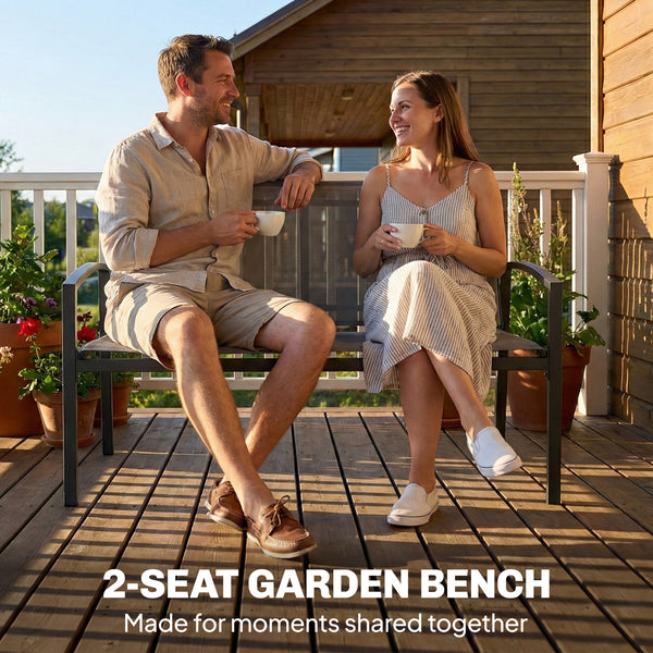 Metal Garden Bench, 2 Seater Outdoor Furniture Seating with Breathable Texteline Fabric, Curved Armrest, Park Patio Seat for Porch, Balcony, Grey