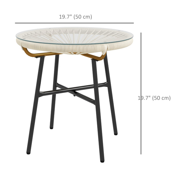 Rattan Side Table, Outdoor Round Coffee Table, with Round PE Rattan and Tempered Glass Tabletop for Patio, Garden, Balcony, Cream White