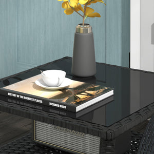 20" Patio Wicker Coffee Table, Outdoor PE Rattan Two-tier Side Table with Glass Top, for Patio, Garden, Balcony, Black