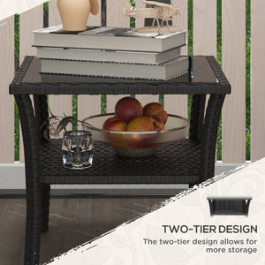 20" Patio Wicker Coffee Table, Outdoor PE Rattan Two-tier Side Table with Glass Top, for Patio, Garden, Balcony, Black