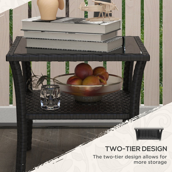 20" Patio Wicker Coffee Table, Outdoor PE Rattan Two-tier Side Table with Glass Top, for Patio, Garden, Balcony, Black