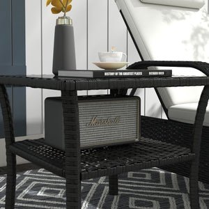 20" Patio Wicker Coffee Table, Outdoor PE Rattan Two-tier Side Table with Glass Top, for Patio, Garden, Balcony, Black