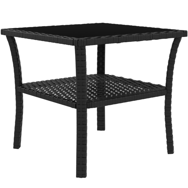 20" Patio Wicker Coffee Table, Outdoor PE Rattan Two-tier Side Table with Glass Top, for Patio, Garden, Balcony, Black