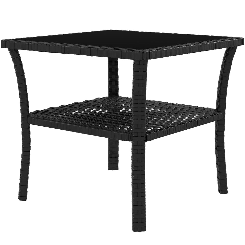 20" Patio Wicker Coffee Table, Outdoor PE Rattan Two-tier Side Table with Glass Top, for Patio, Garden, Balcony, Black