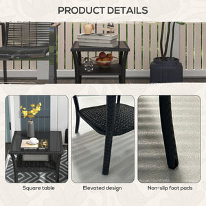 20" Patio Wicker Coffee Table, Outdoor PE Rattan Two-tier Side Table with Glass Top, for Patio, Garden, Balcony, Black