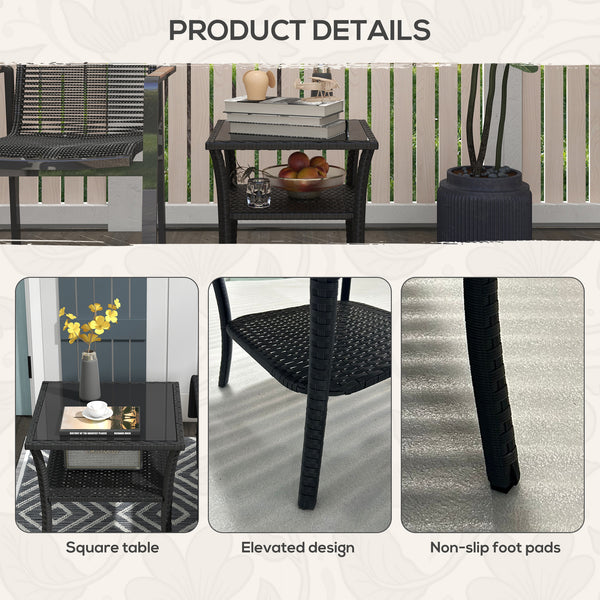 20" Patio Wicker Coffee Table, Outdoor PE Rattan Two-tier Side Table with Glass Top, for Patio, Garden, Balcony, Black