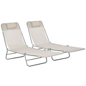 Outsunny 2 Piece Folding Chaise Lounge Chairs, Pool Sun Tanning Chairs, Outdoor Lounge Chairs with Reclining Back, Breathable Mesh Seat, Headrest for Beach, Yard, Patio, Cream White