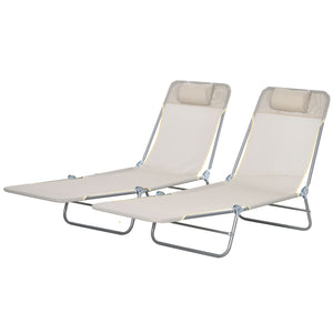 Outsunny 2 Piece Folding Chaise Lounge Chairs, Pool Sun Tanning Chairs, Outdoor Lounge Chairs with Reclining Back, Breathable Mesh Seat, Headrest for Beach, Yard, Patio, Cream White