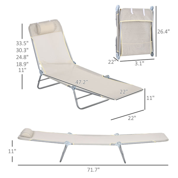 Outsunny 2 Piece Folding Chaise Lounge Chairs, Pool Sun Tanning Chairs, Outdoor Lounge Chairs with Reclining Back, Breathable Mesh Seat, Headrest for Beach, Yard, Patio, Cream White