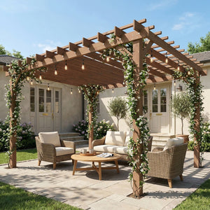 3 x 3 m Wooden Pergola Kit, Garden Pergola Gazebo Grape Trellis with Triangle Supports, Crossing Beams for Climbing Vines, Flowers, Sun Shade Shelter for Grill, Patio, Maple Wood-effect