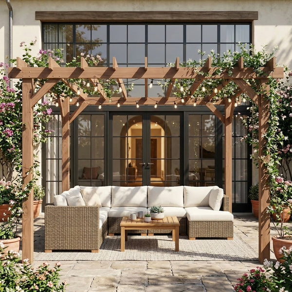 3 x 3 m Wooden Pergola Kit, Garden Pergola Gazebo Grape Trellis with Triangle Supports, Crossing Beams for Climbing Vines, Flowers, Sun Shade Shelter for Grill, Patio, Maple Wood-effect