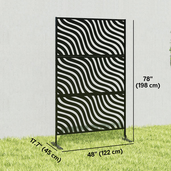 Metal Outdoor Privacy Screen, 78" x 48" Freestanding Outdoor Divider with Stand, Decorative Privacy Panel with Ripple Cut-out Design for Garden Patio Backyard, Black