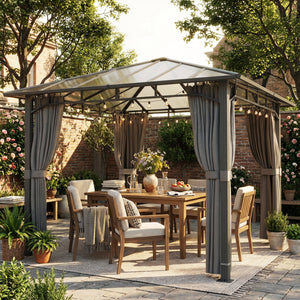 3 x 3 m Outdoor Hardtop Gazebo Canopy with Polycarbonate Roof, Waterproof Aluminium Permanent Pavilion Garden Gazebo Patio Shelter with Curtains, Tan