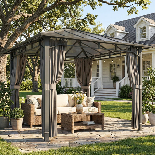 3 x 3 m Outdoor Hardtop Gazebo Canopy with Polycarbonate Roof, Waterproof Aluminium Permanent Pavilion Garden Gazebo Patio Shelter with Curtains, Tan