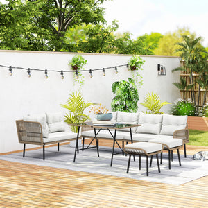 6 Piece Rattan Garden Furniture Set, 8 Seater Garden Corner Sofa with Cushions and Glass Top Table, Sectional Outdoor Furniture Conservatory Set for Patio, Cream White