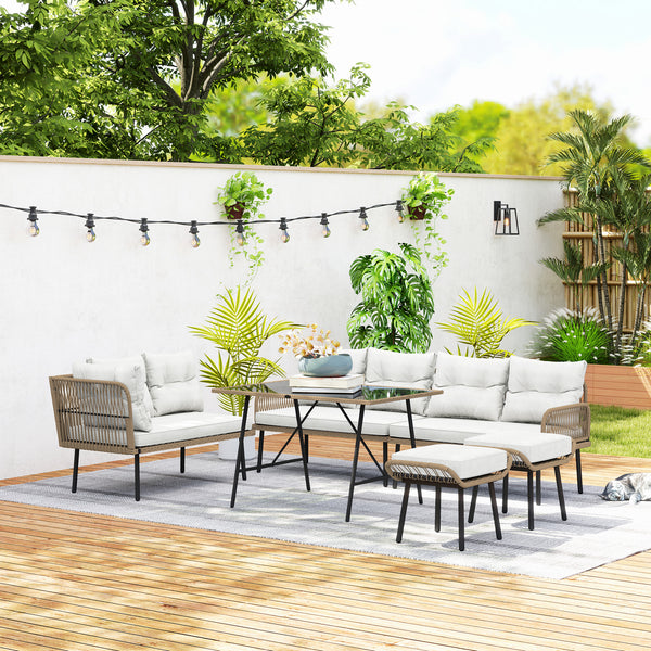 6 Piece Rattan Garden Furniture Set, 8 Seater Garden Corner Sofa with Cushions and Glass Top Table, Sectional Outdoor Furniture Conservatory Set for Patio, Cream White