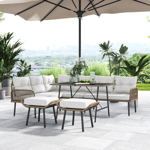 6 Piece Rattan Garden Furniture Set, 8 Seater Garden Corner Sofa with Cushions and Glass Top Table, Sectional Outdoor Furniture Conservatory Set for Patio, Cream White