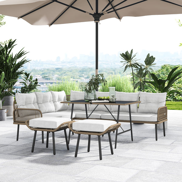 6 Piece Rattan Garden Furniture Set, 8 Seater Garden Corner Sofa with Cushions and Glass Top Table, Sectional Outdoor Furniture Conservatory Set for Patio, Cream White