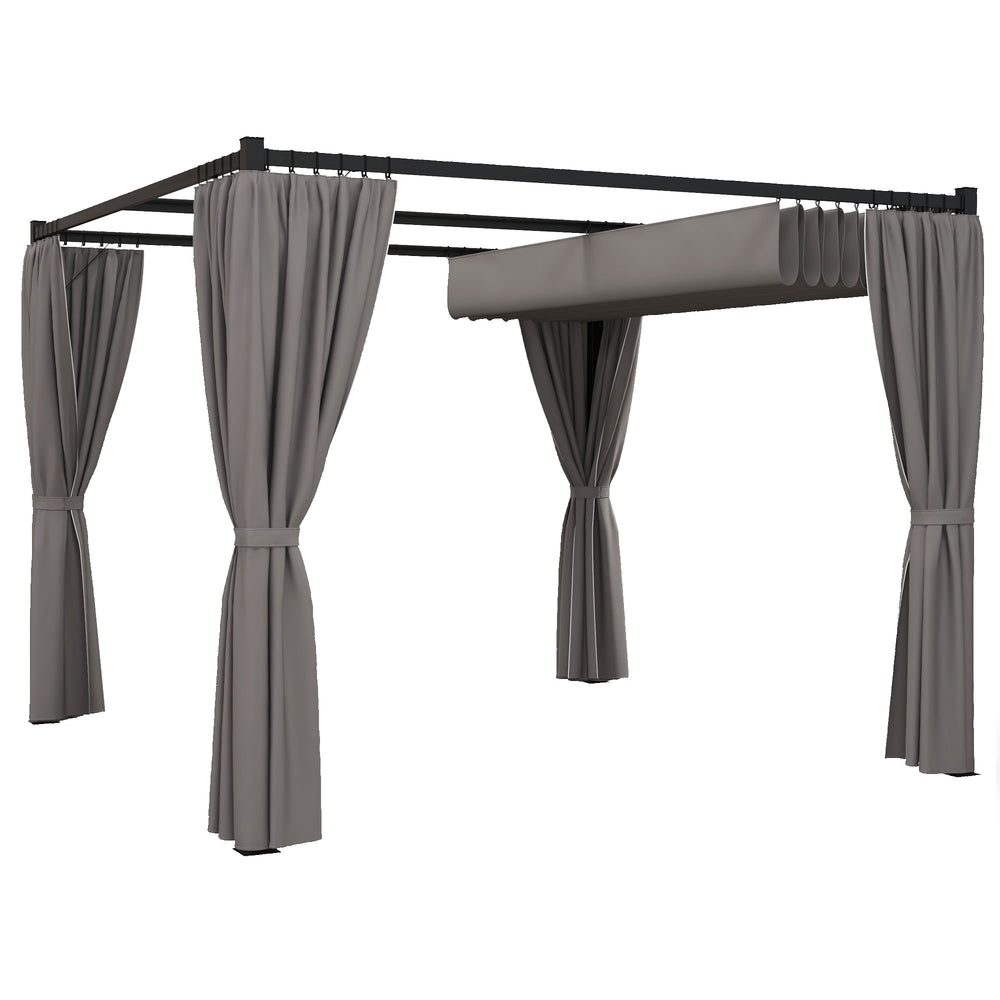 10' x 10' Pergola with Retractable Pergola Canopy and Curtains, Metal Frame Garden Gazebo Outdoor Sun Shade Shelter for Grill, Patio, Deck, Light Grey